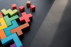 blocks of different shapes and colors clumped together