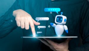 cute robot guiding hand typing
