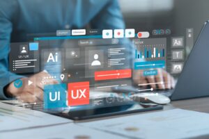 UI UX ai grid with a person and laptop in the background