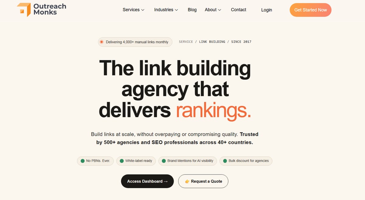 Outreach Monks link building agency homepage