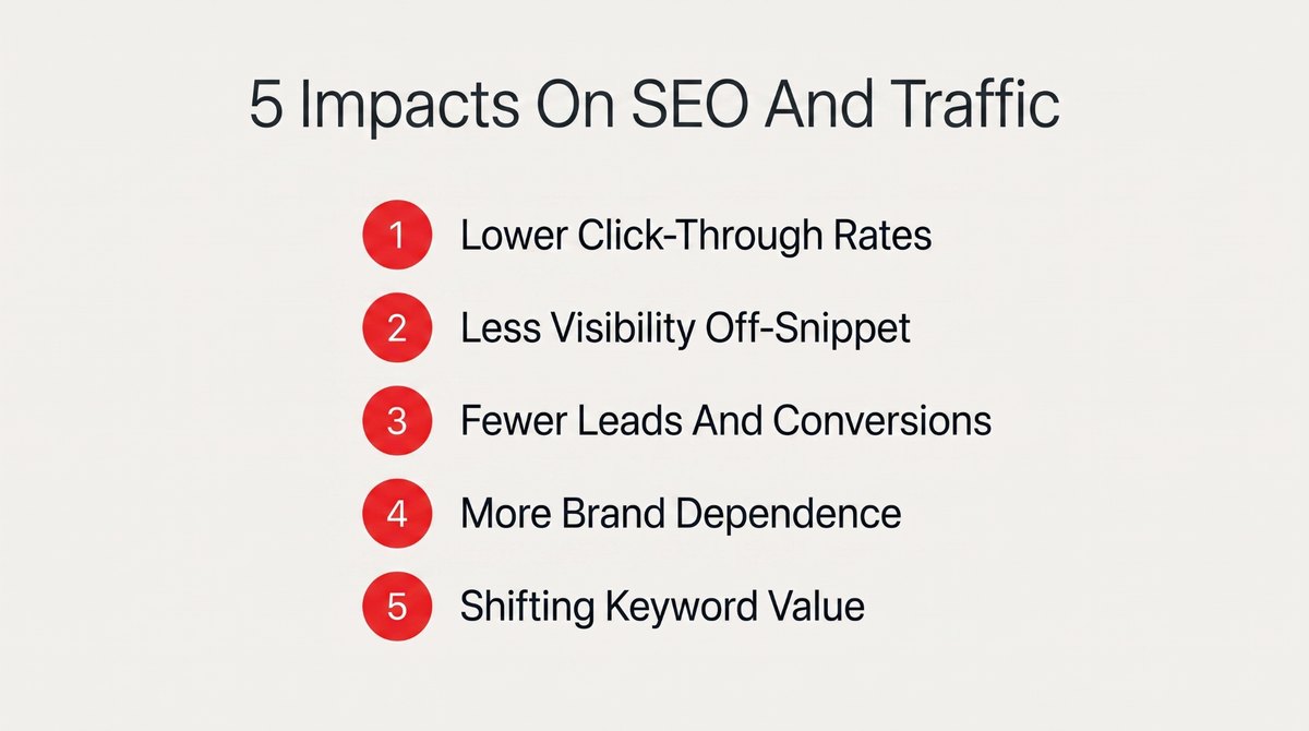 The five ways zero-click searches hit SEO and organic traffic: lower click-through rates, less visibility off-snippet, fewer leads and conversions, more brand dependence, and shifting keyword value.