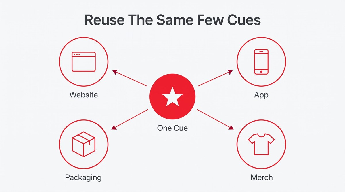One brand cue reused across website, app, packaging and merch