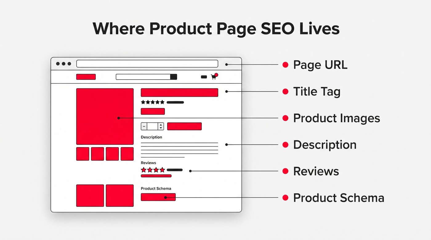 Diagram of a product page showing where SEO lives: page URL, title tag, product images, description, reviews and product schema