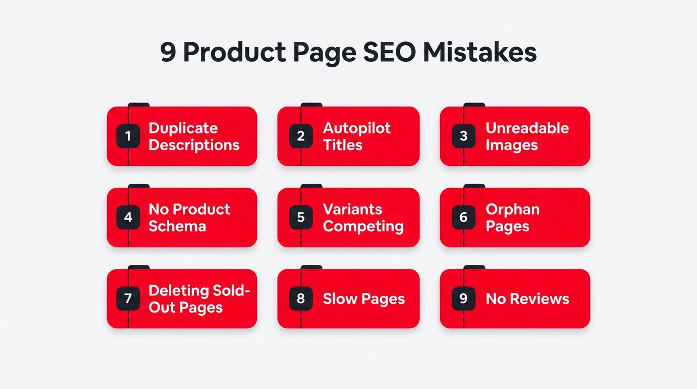 The nine product page SEO mistakes: duplicate descriptions, autopilot titles, unreadable images, no product schema, variants competing, orphan pages, deleting sold-out pages, slow pages and no reviews