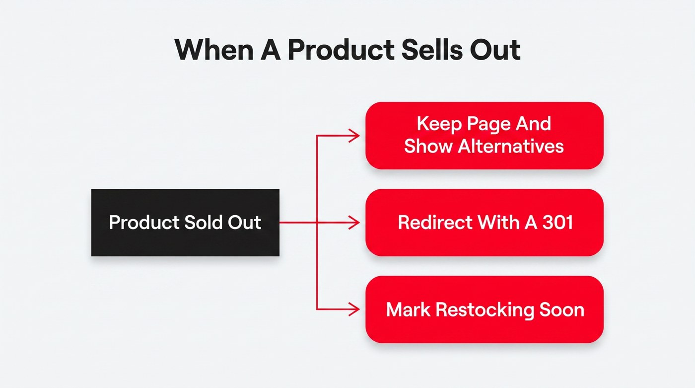 Three ways to handle a sold-out product: keep the page and show alternatives, redirect with a 301, or mark it restocking soon