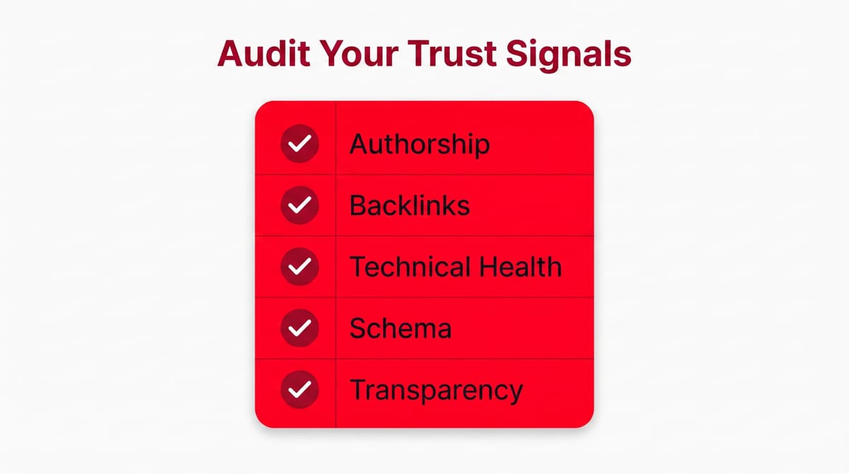A trust signal audit checklist covering authorship, backlinks, technical health, schema and transparency