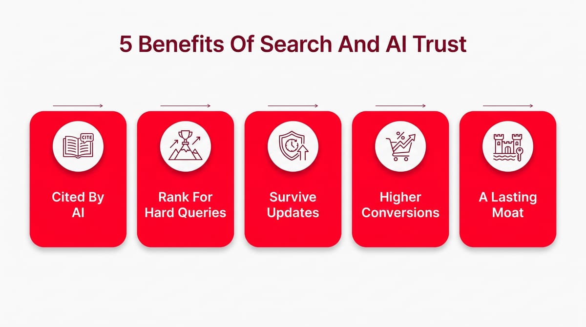 The five benefits of a strong trust factor: cited by AI, ranking for hard queries, surviving updates, higher conversions and a lasting moat
