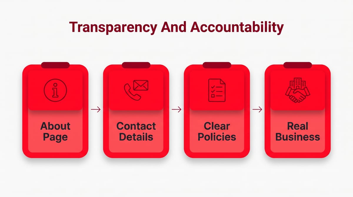 Four transparency signals: an About page, contact details, clear policies and evidence of a real business