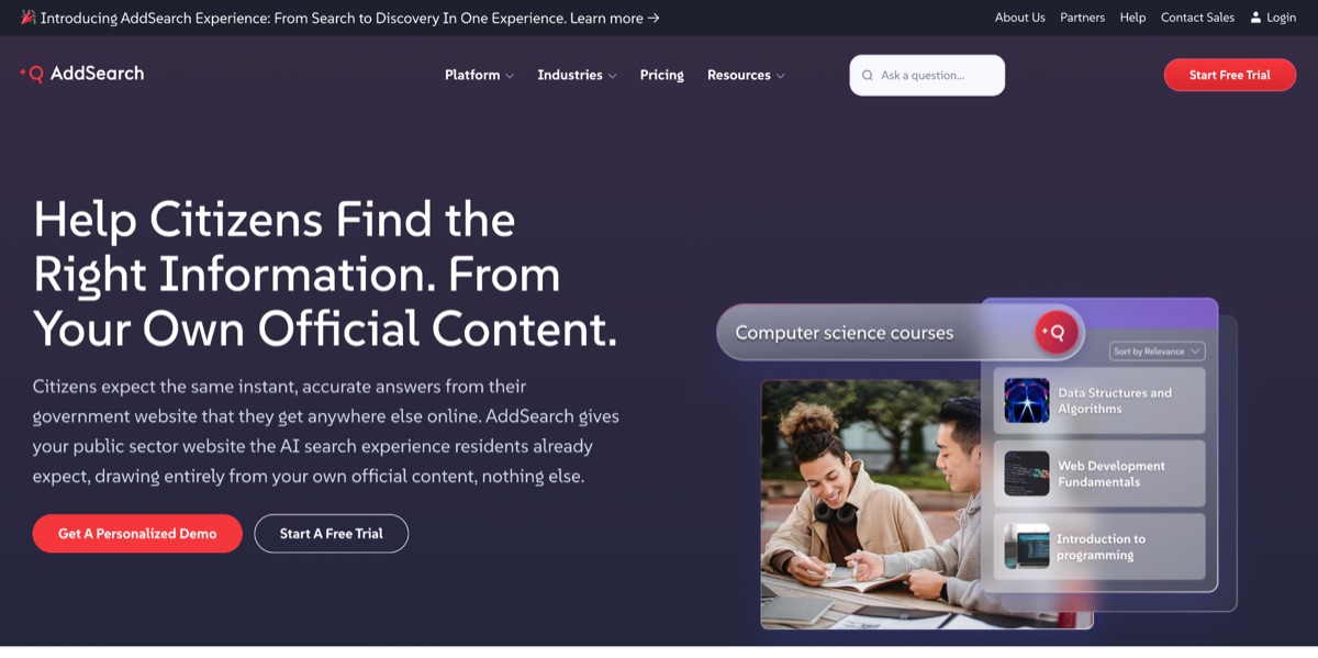 AddSearch public-sector landing page showing AI search for government websites