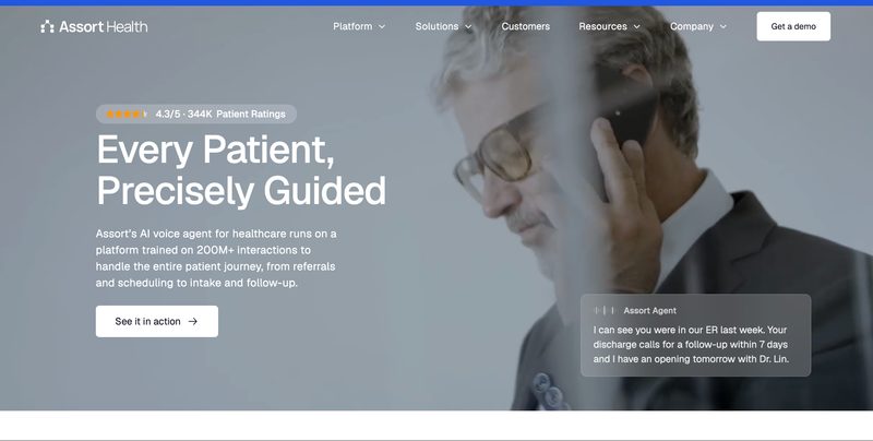 Assort Health homepage, AI voice agent for healthcare call handling