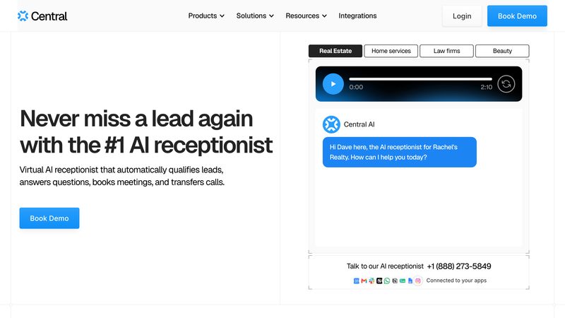 Central AI homepage, virtual AI receptionist that qualifies leads and books meetings