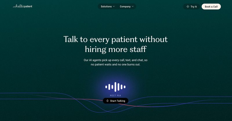 Hello Patient homepage, AI agents answering patient calls, texts and chat