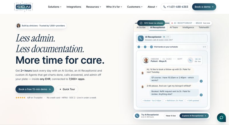 S10.AI homepage, AI scribe and AI receptionist for medical practices