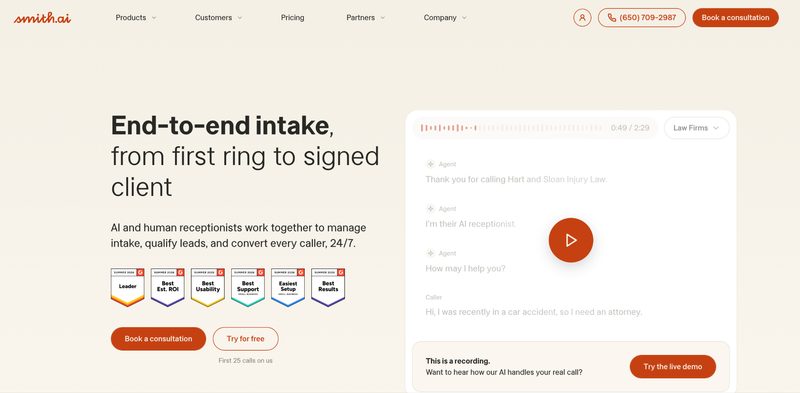 Smith.ai homepage, AI and human receptionists handling intake calls