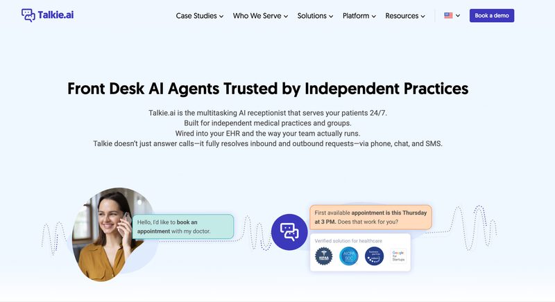 Talkie.ai homepage, front desk AI agents for independent medical practices