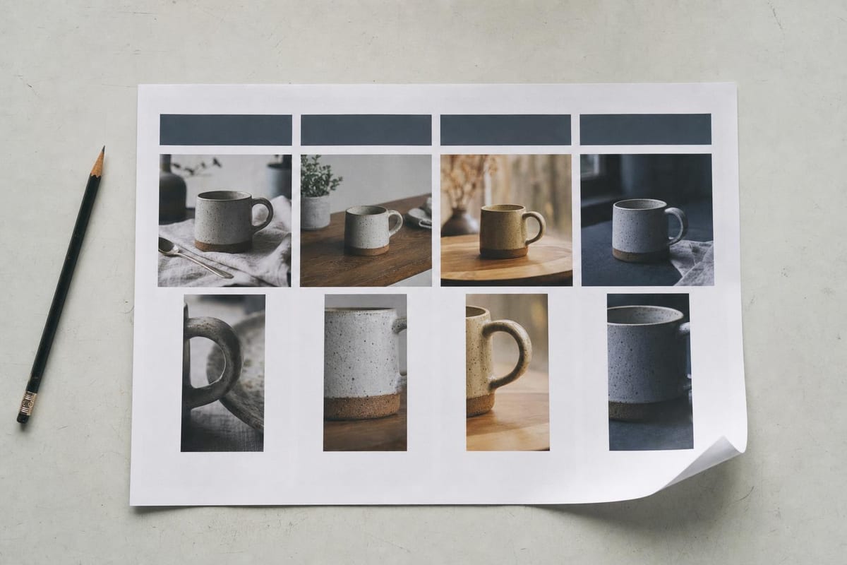 A printed contact sheet of product photos on a desk beside a pencil