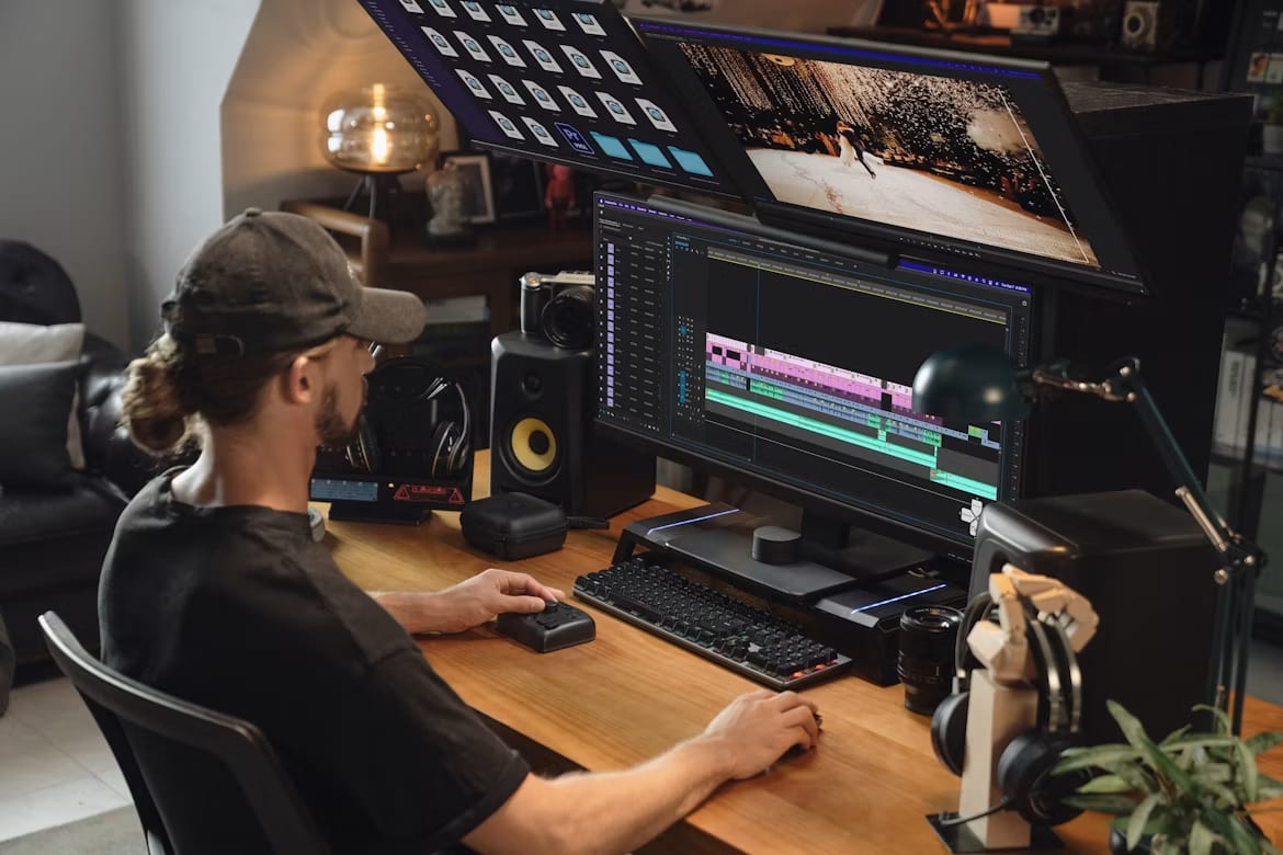 Video editor working at a multi-monitor desk setup with a color-graded timeline on screen