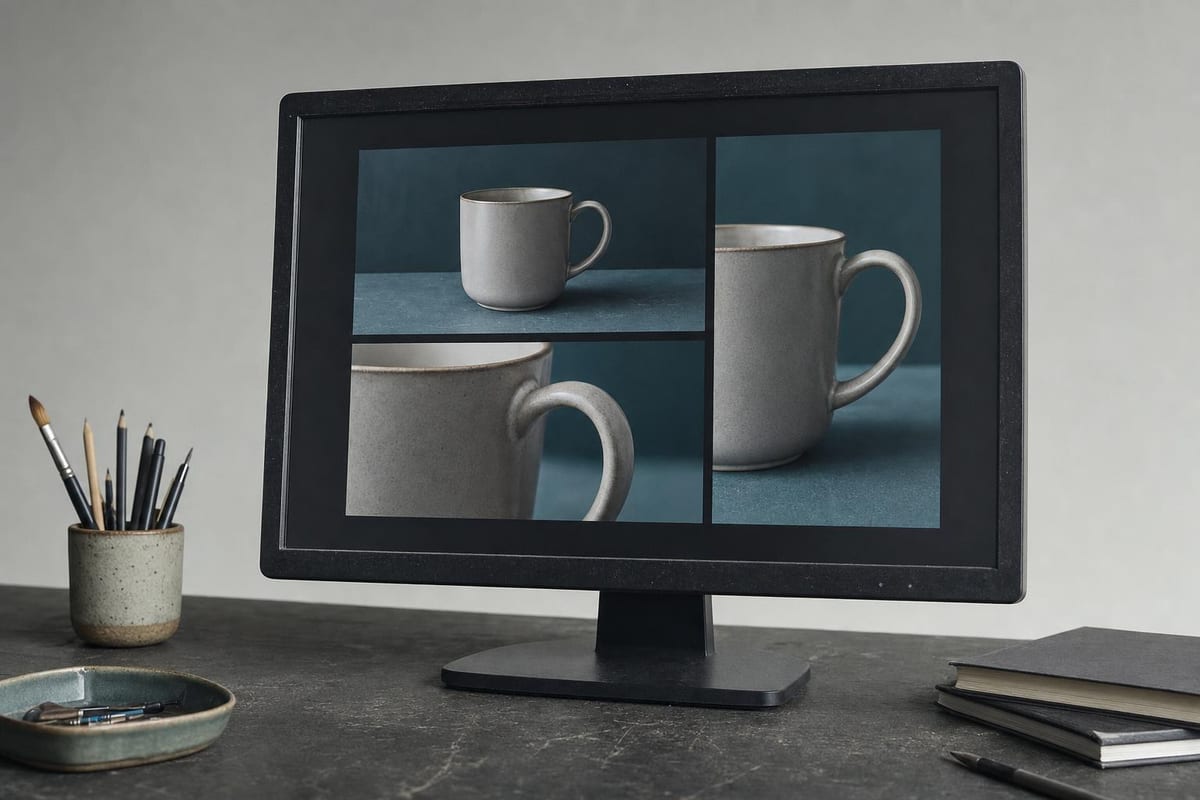 A monitor showing four framings of the same product shot arranged in a grid