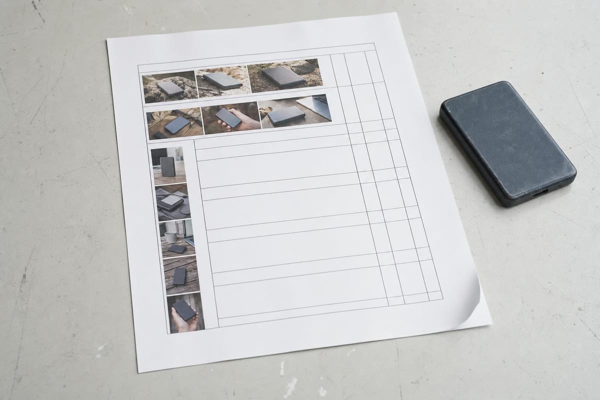 A printed storyboard sheet with thumbnail images and blank rows beside a portable drive