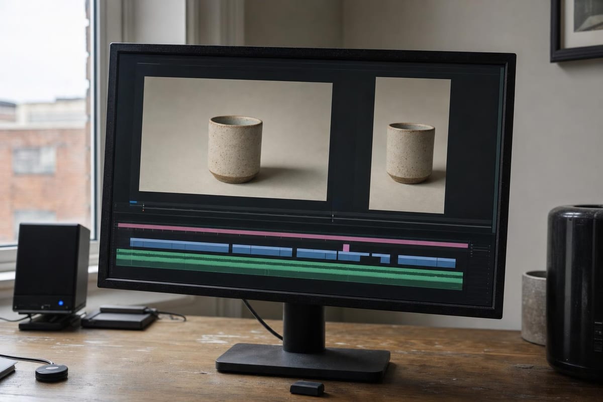 A monitor showing a video editing timeline with video and audio tracks beneath a two-up preview