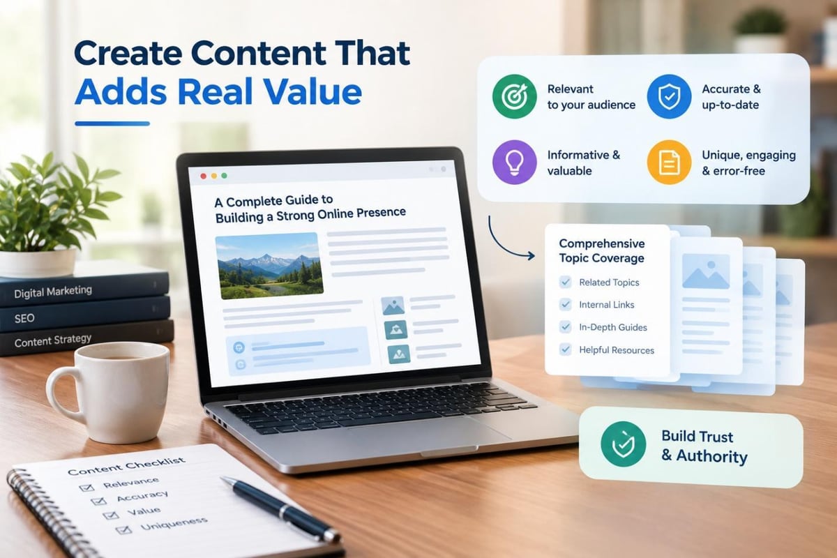 Checklist of high-quality content: relevant, accurate and up to date, informative, unique and error-free