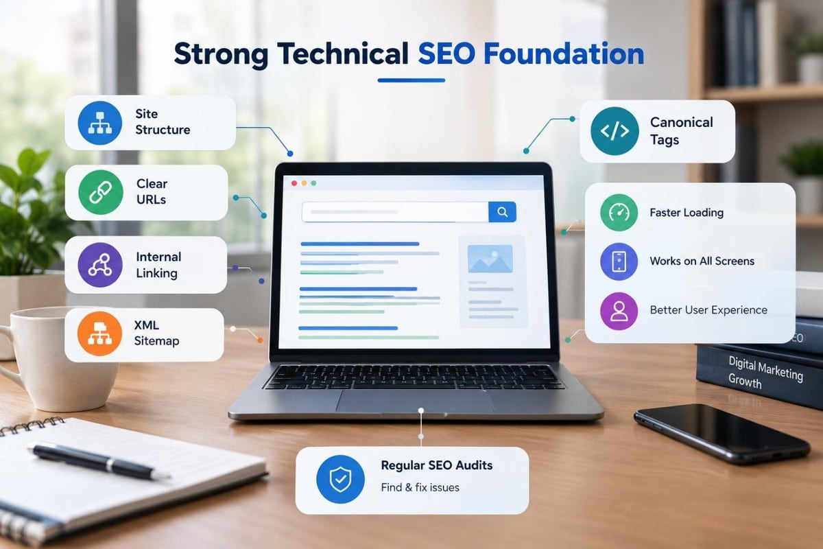 Strong technical SEO foundation: site structure, clear URLs, internal linking, XML sitemap and canonical tags