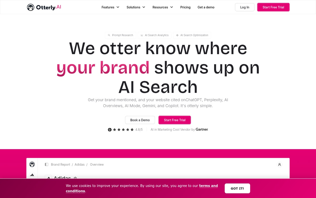 Otterly.AI homepage, prompt tracking with a Looker Studio connector and API quotas