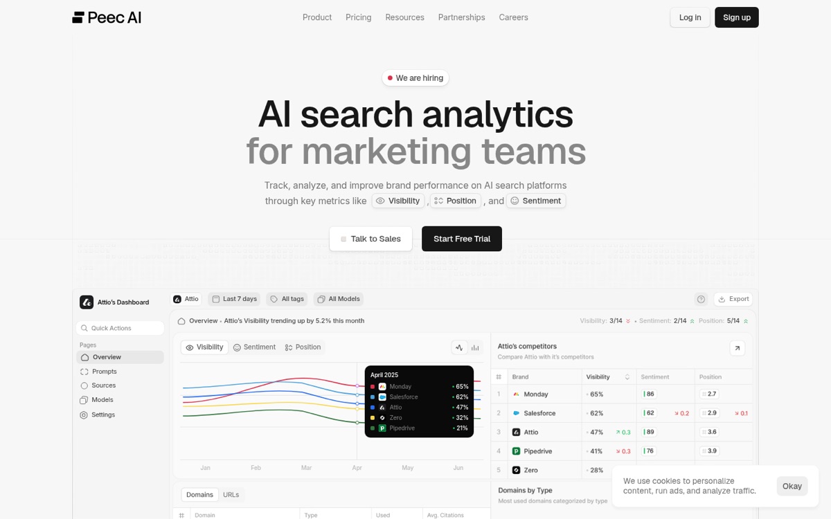 Peec AI homepage, agency plans with pitch projects and scheduled client reports