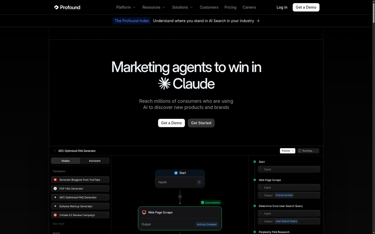 Profound homepage, agency workspaces priced per client