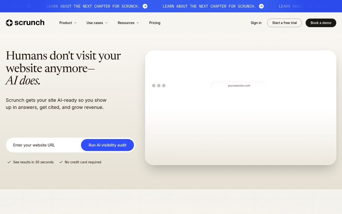 Scrunch AI homepage, headless API for agency delivery