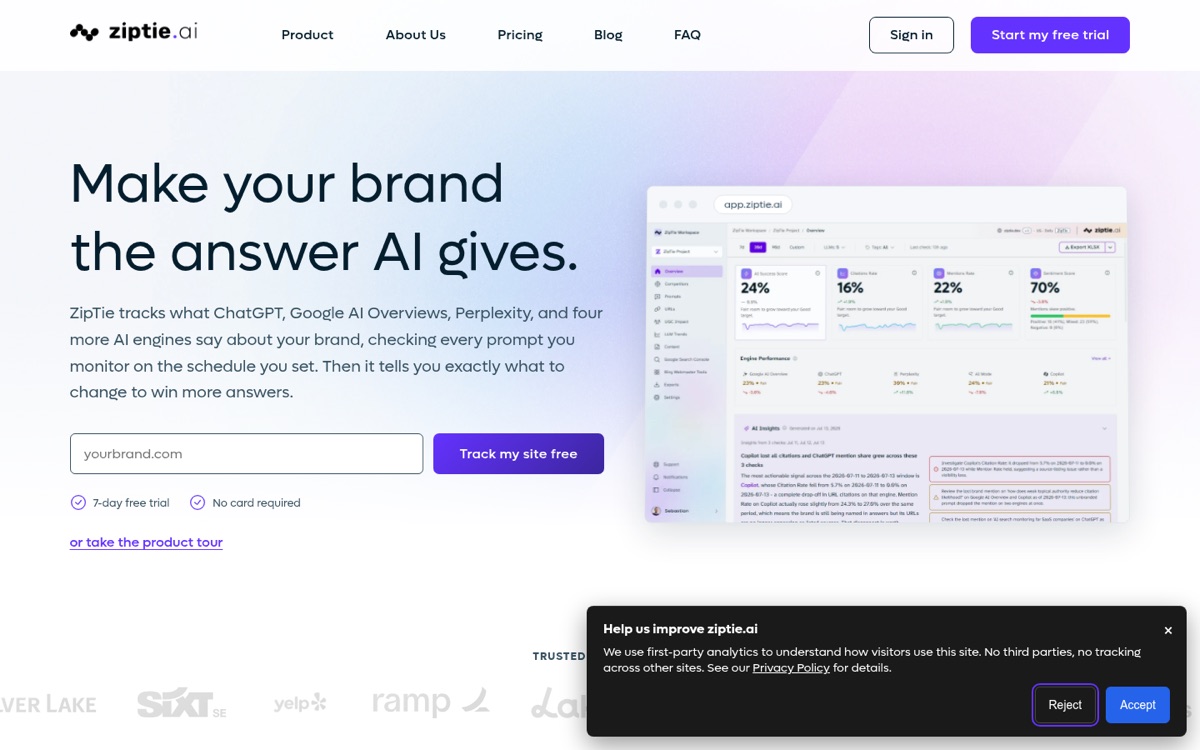 ZipTie homepage, AI visibility checks priced one at a time