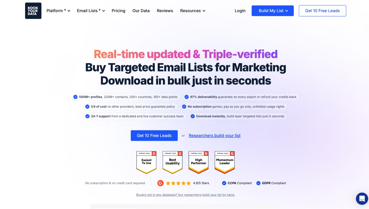 Bookyourdata homepage, self-service email lists with a researcher-built option