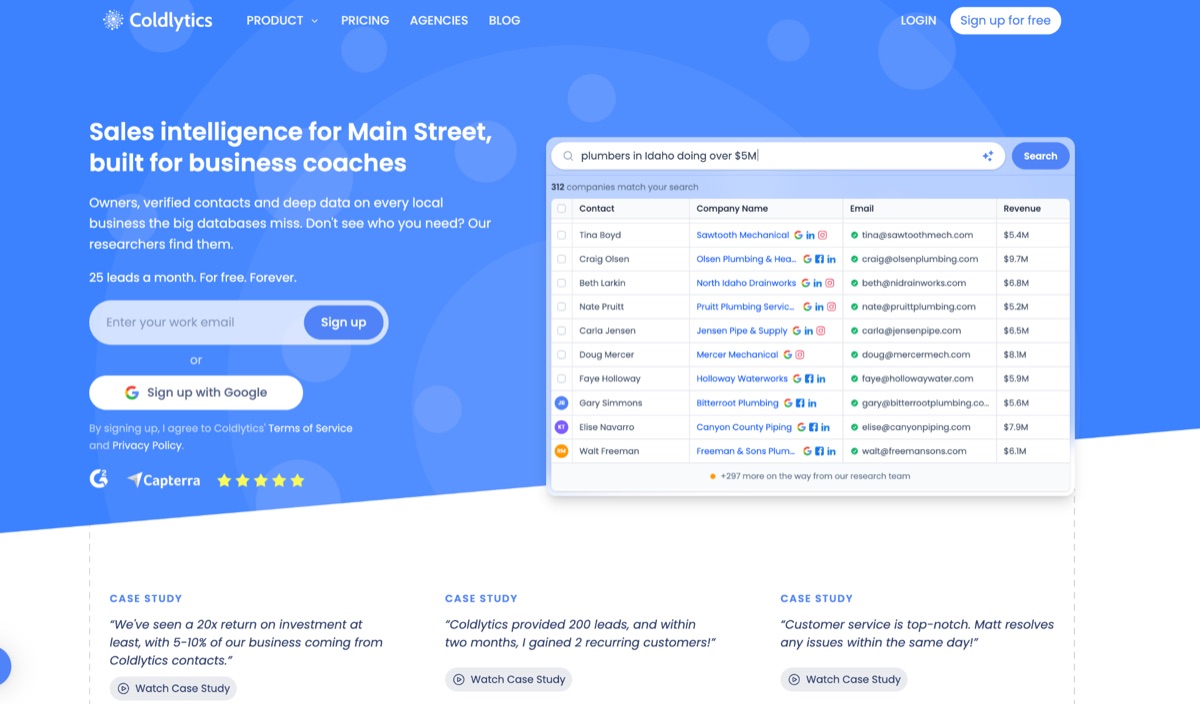 Coldlytics homepage, a searchable business database with on-demand contact research