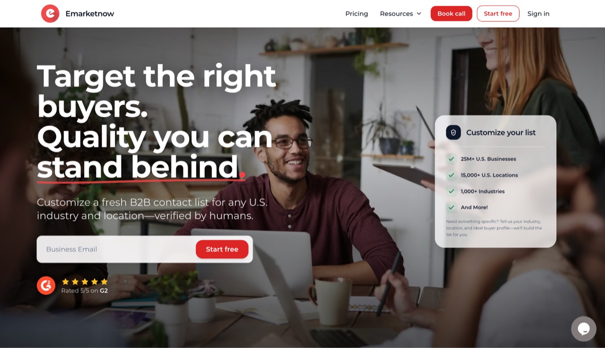 Emarketnow homepage, a custom U.S. B2B contact list builder with human verification