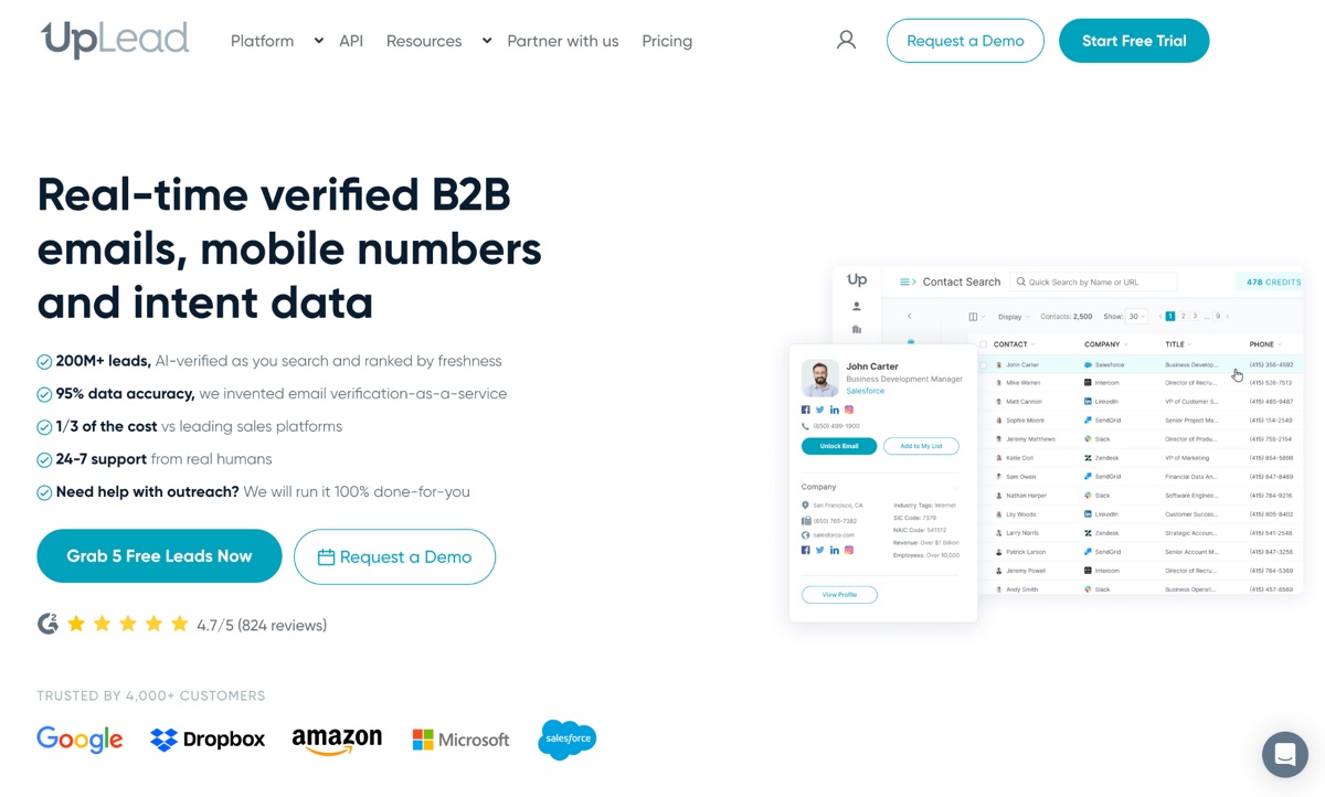 UpLead homepage, a self-service B2B contact database with real-time email verification