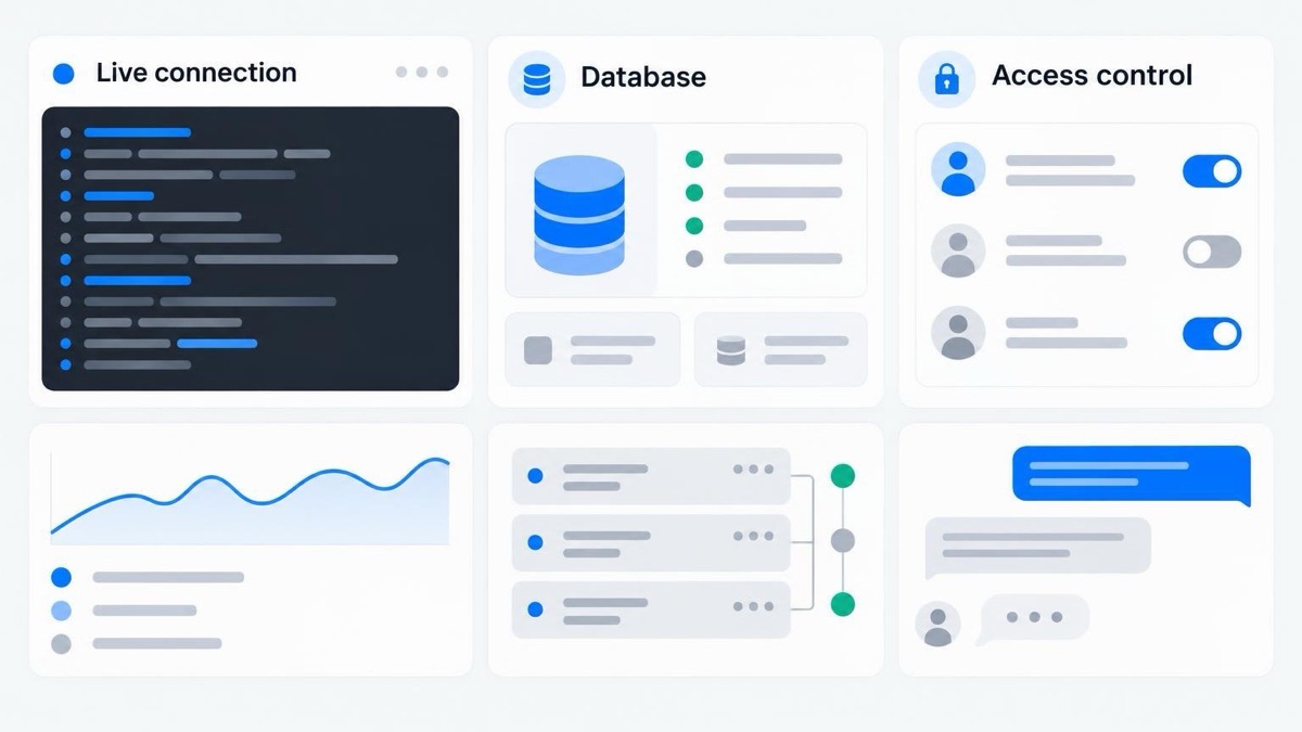 Dashboard cards showing server logs and connection status for a self-built chat
