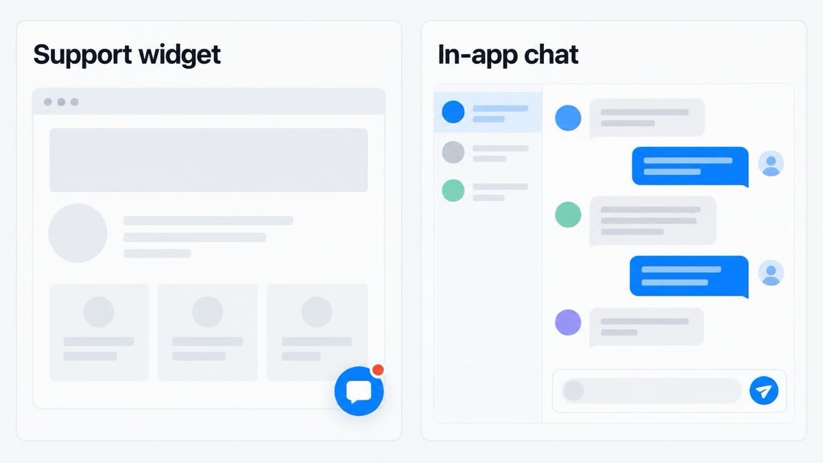 A support chat widget beside an in-app chat interface