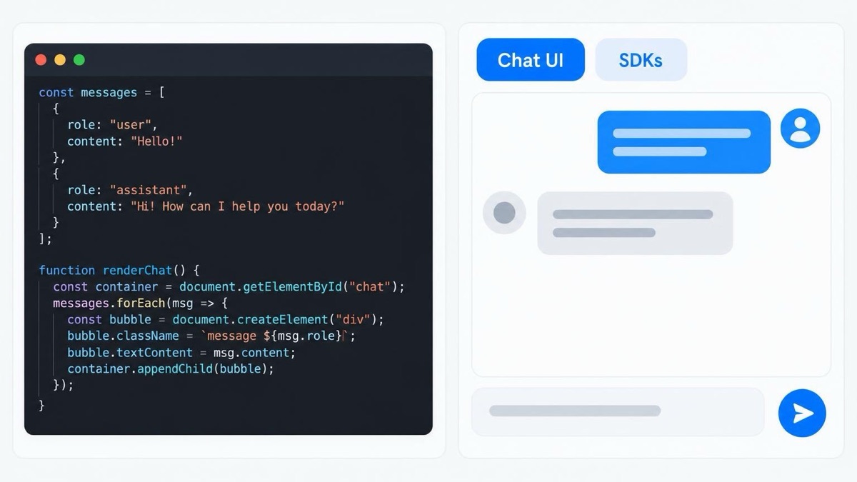 A code snippet on the left and the rendered chat interface on the right