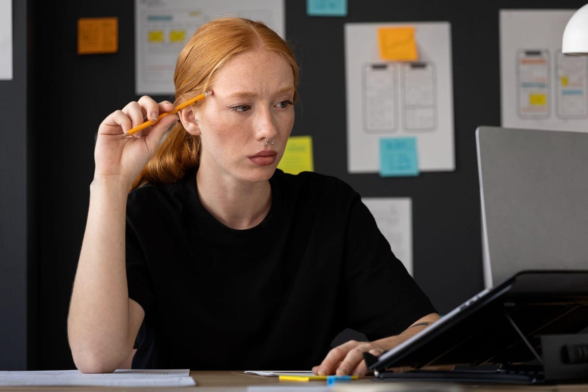 Writer at a desk with a laptop, thinking through a draft in front of a board of sticky notes