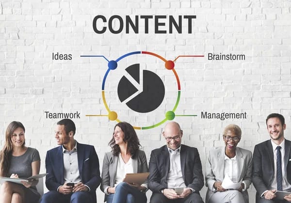 Team seated beneath a content diagram linking ideas, brainstorm, teamwork and management