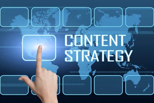 Finger touching a glowing Content Strategy button on a digital world map interface