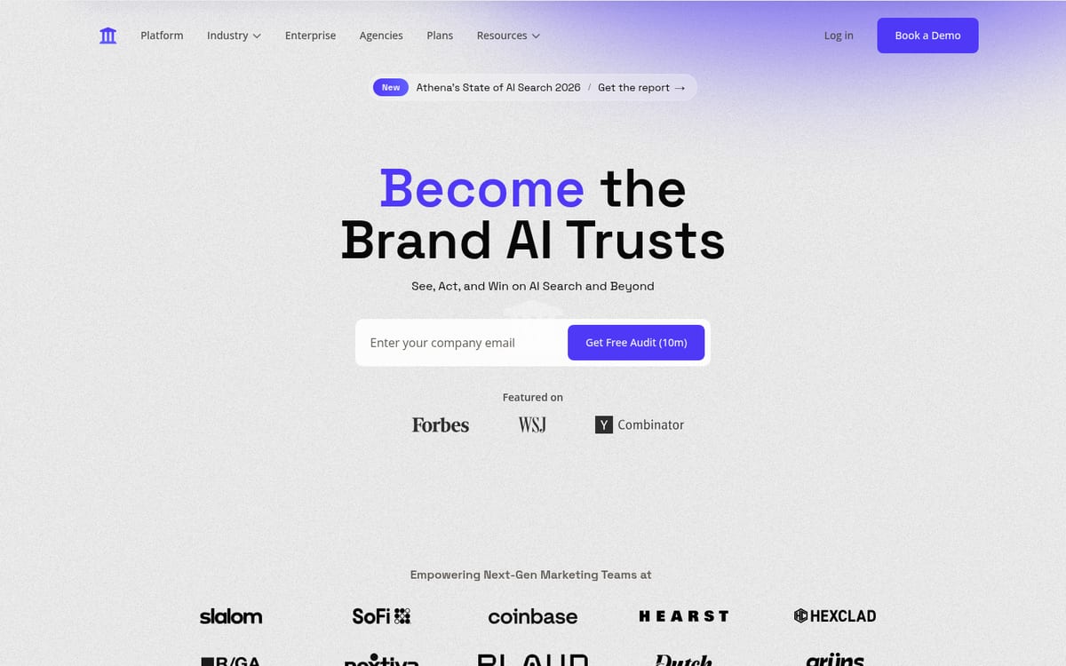 AthenaHQ homepage, credit-based AI visibility platform with team dashboards