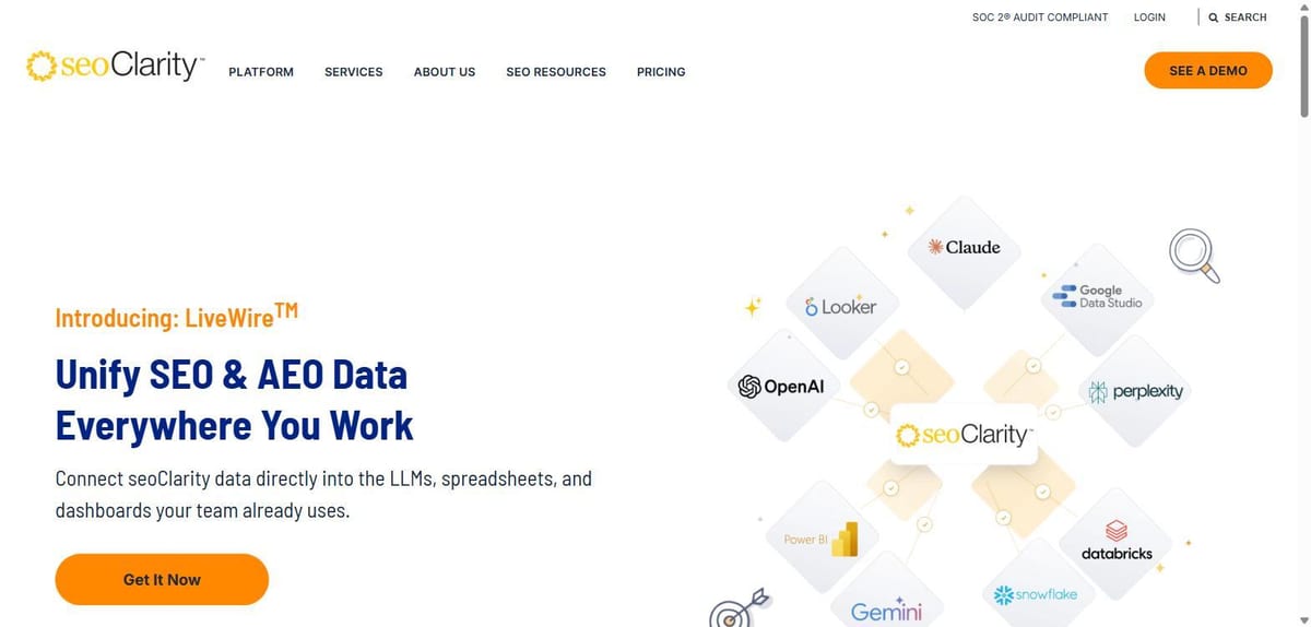 seoClarity homepage with Clarity ArcAI for AI search visibility by business unit