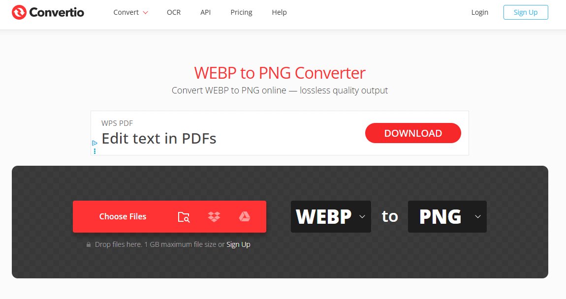 Convertio's WEBP to PNG converter with WEBP selected as the input format and PNG as the output