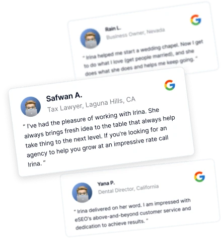 Google reviews from Safwan A., Rain L. and Yana P.