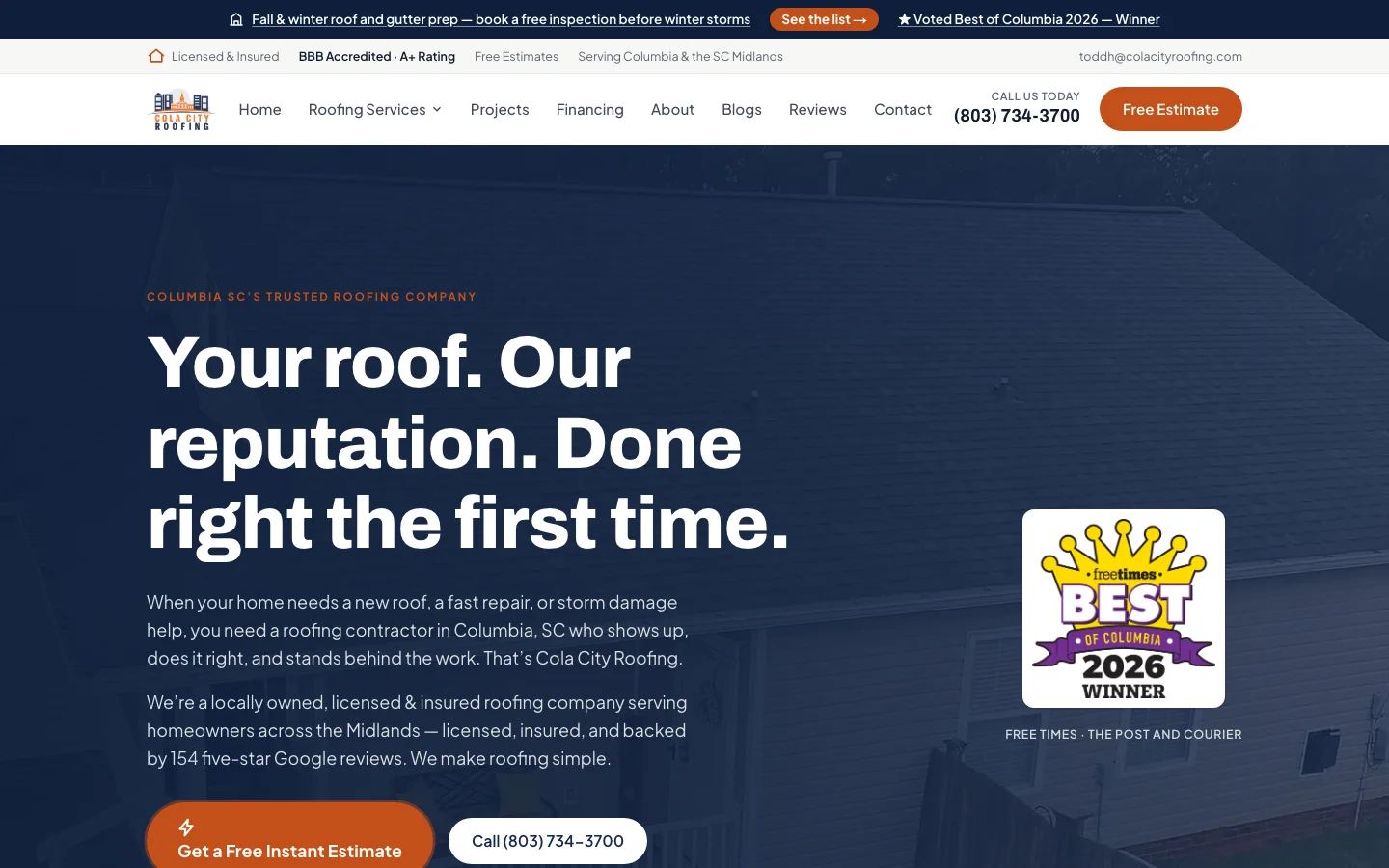 Cola City Roofing website home page