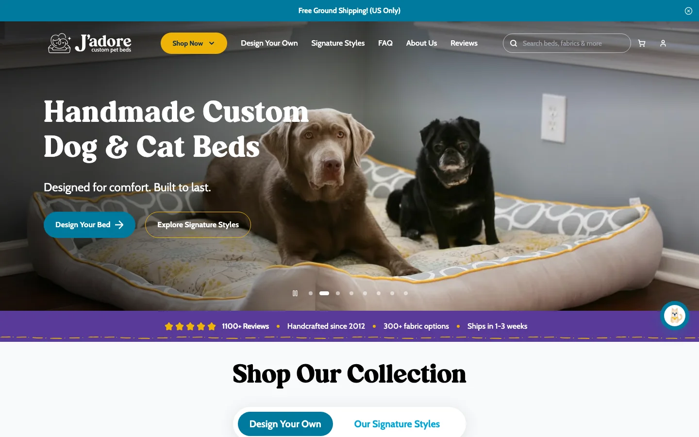 J'adore Custom Pet Beds website home page