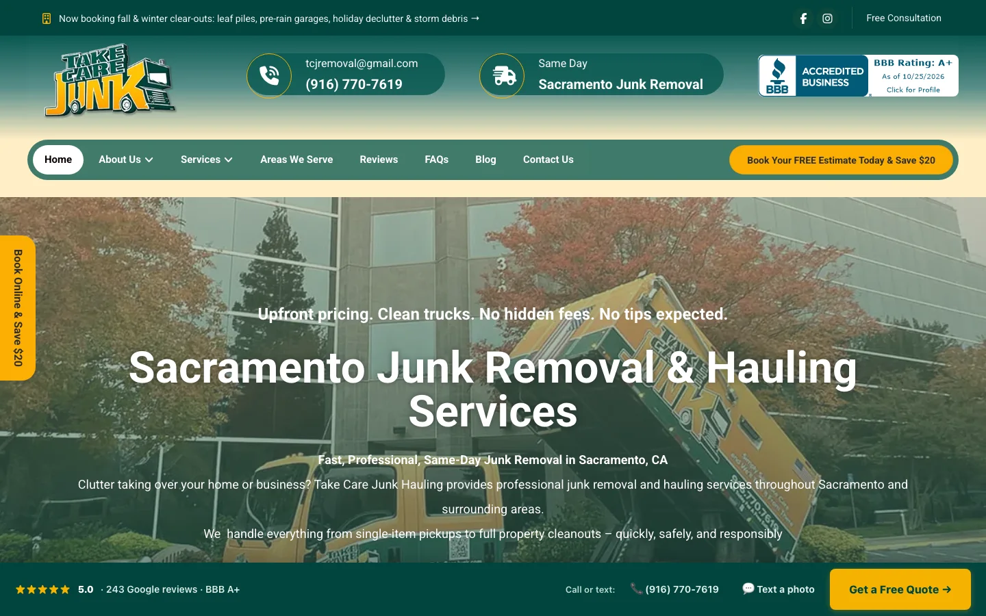 Take Care Junk Hauling website home page